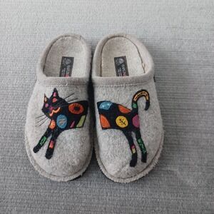 Haflinger Sassy Boiled Wool Cat Design Stone Gray Slippers Size 40 US 9.5
